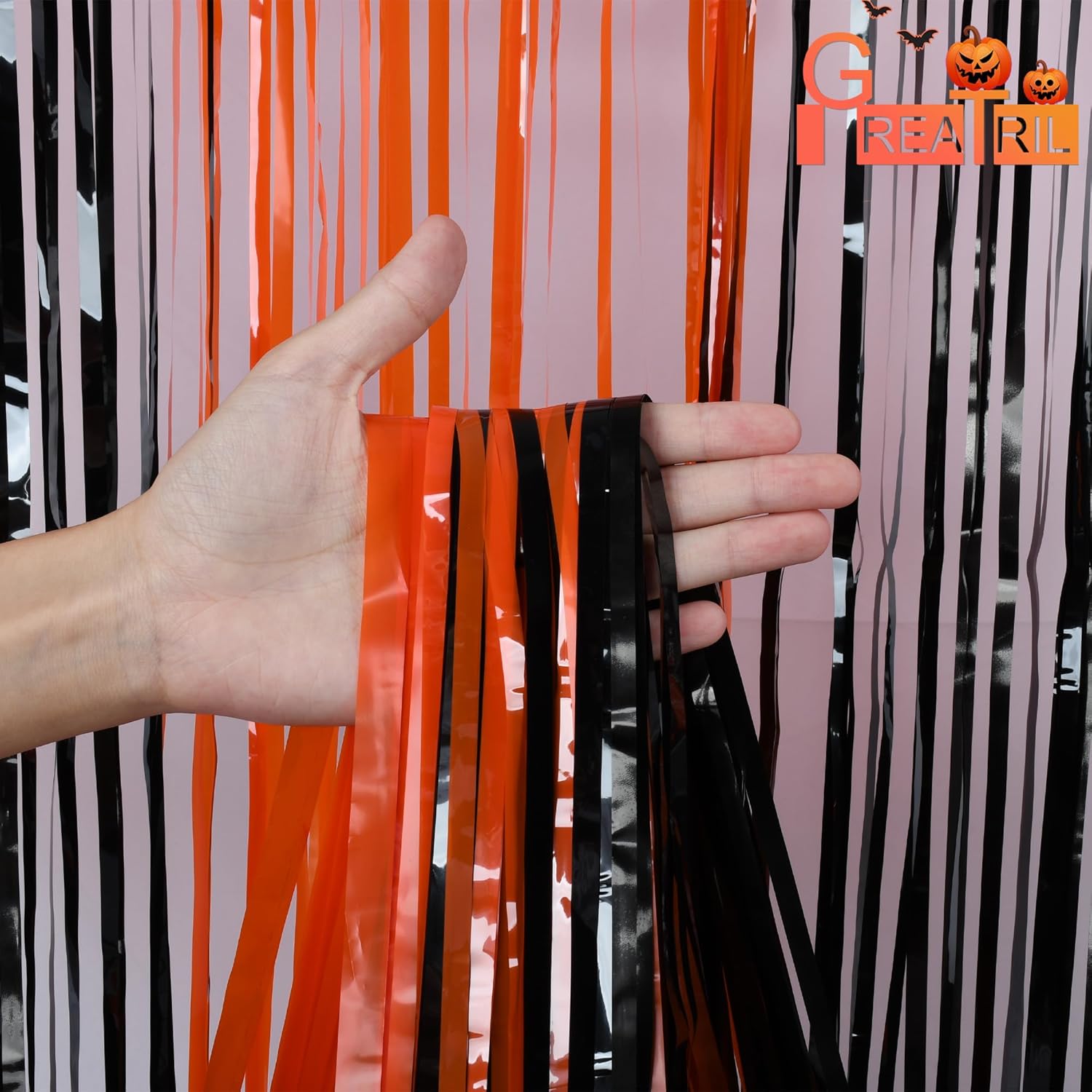 Black Orange Streamers Party Backdrop - GREATRIL Tinsel Fringe Curtain for Halloween