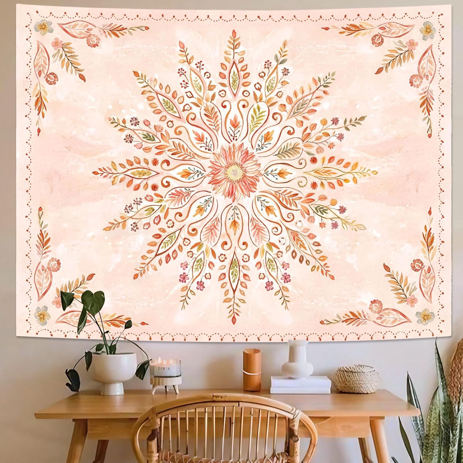 Lunerfex Floral Mandala Tapestry Boho Tapestry for Bedroom Orange Tapestries Wall Hanging Living
