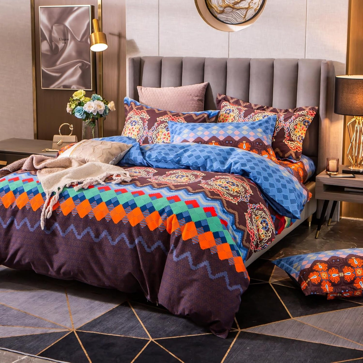 ABREEZE Bohemian Duvet Cover Set Colorful Brown Boho Retro Bedding Set Damask Paisley Cotton Duvet