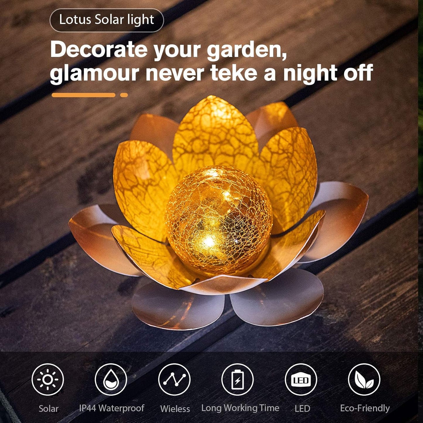 Garden Solar Lights Outdoor(2Pack) , Amber Crackle Globe Glass Lotus Decoration , Waterproof Orange
