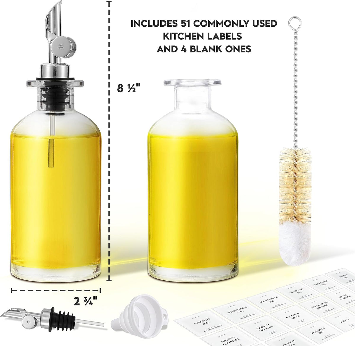Olive Oil Dispenser Bottle - Includes 55 Kitchen Essential Labels - Cooking Oil Bottles for