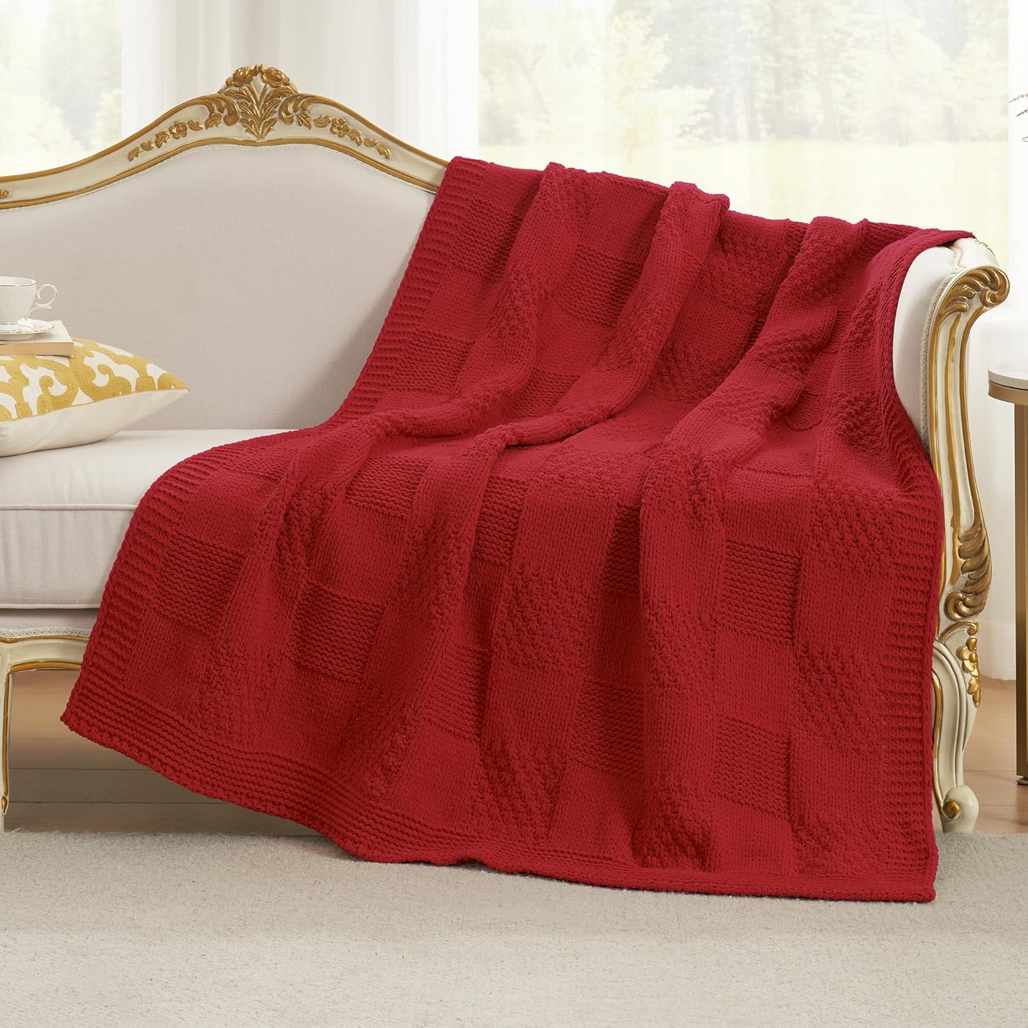 Amélie Home Chenille Knit Throw Blanket for Couch, Checkered Texture Decorative Soft Blanket for
