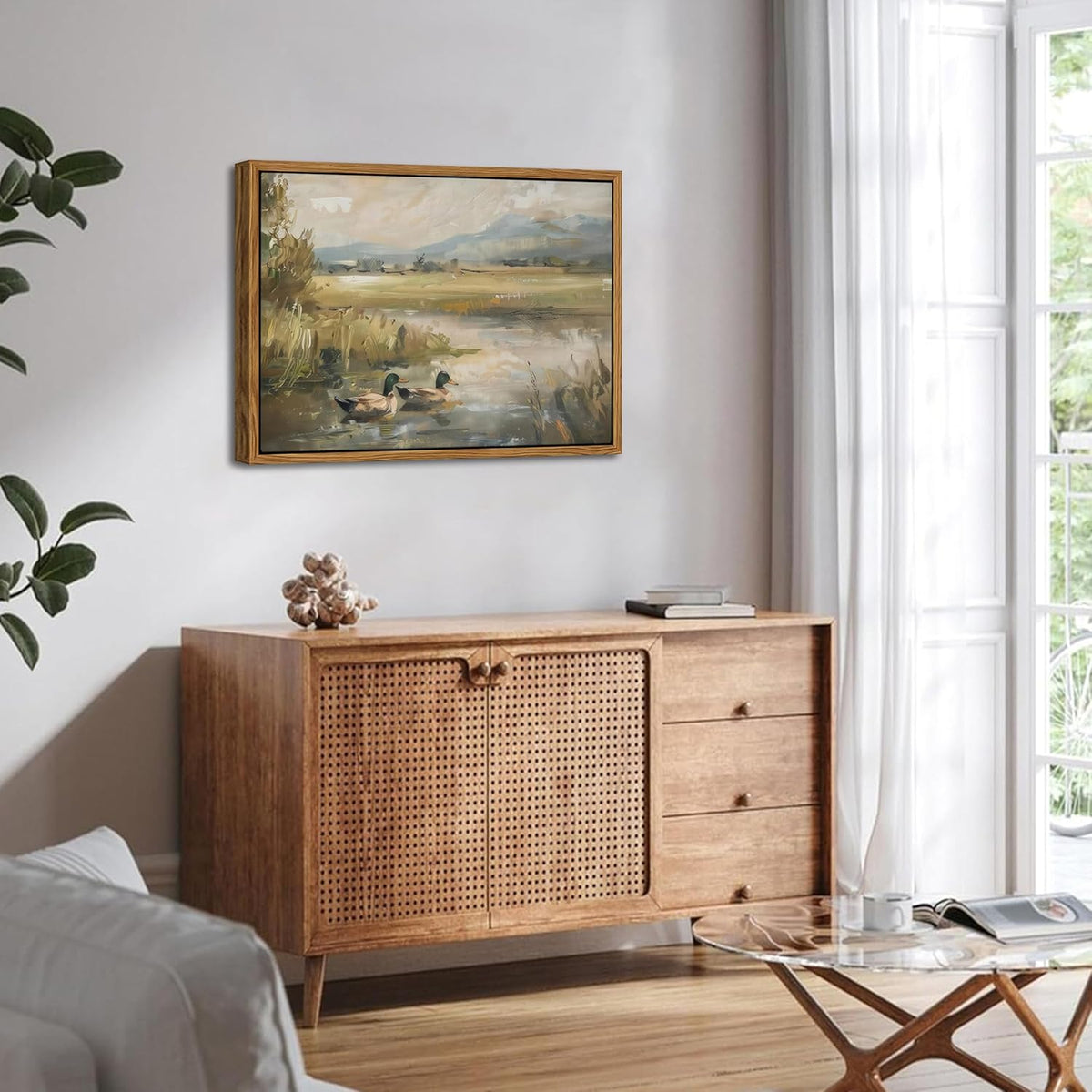 Floating Framed Canvas Wall Art, Vintage Mallard Duck Oil Paintings Print, Countryside Art Wildlife