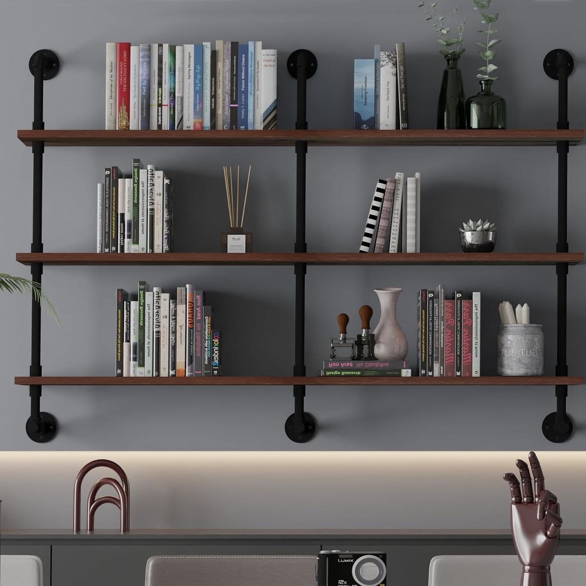 ROGMARS Industrial Pipe Wall Shelves Pipe Shelving,Natural Wood 60 Inches Long Walnut Floating