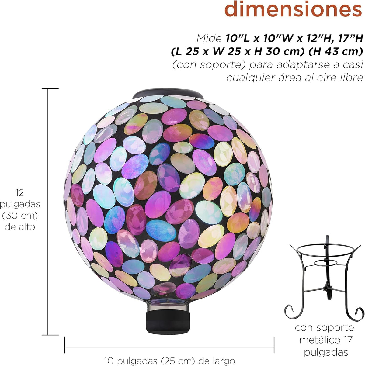 Alpine Corporation Outdoor Solar Powered Pink Glass Mosaic Gazing Globe with LED Lights and Metal