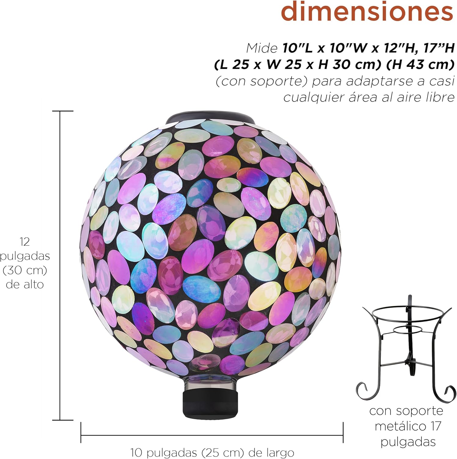 Alpine Corporation Outdoor Solar Powered Pink Glass Mosaic Gazing Globe with LED Lights and Metal