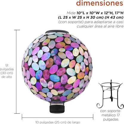 Alpine Corporation Outdoor Solar Powered Pink Glass Mosaic Gazing Globe with LED Lights and Metal