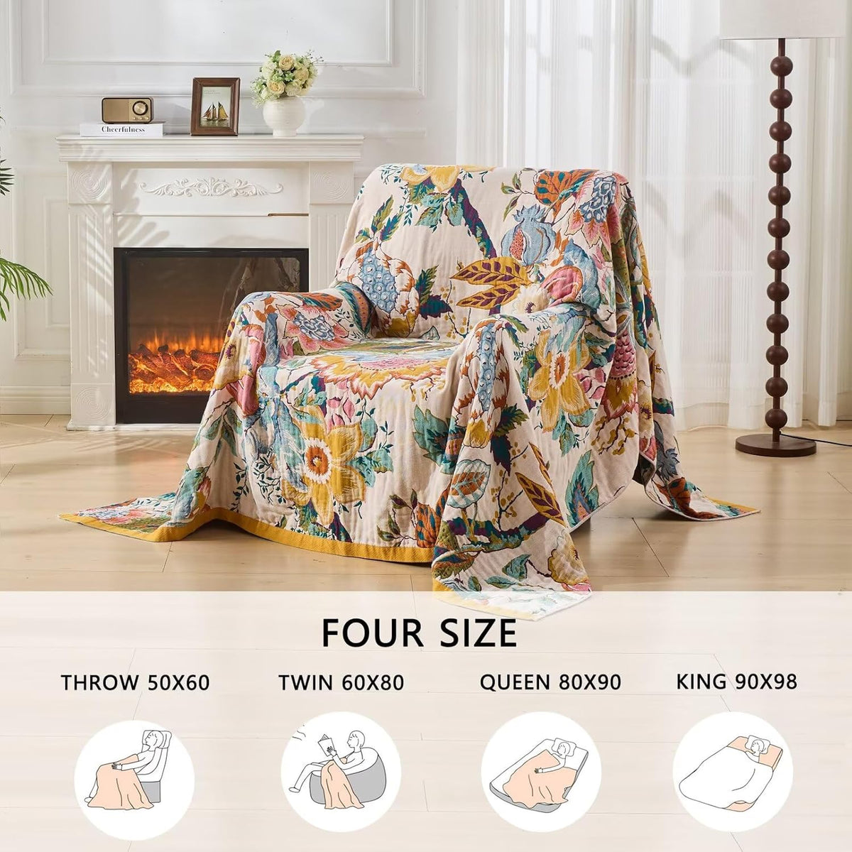 Boho Throw Blanket for Bed, Double Sided Floral Decorated Bohemian Couch Blanket, Lightweight