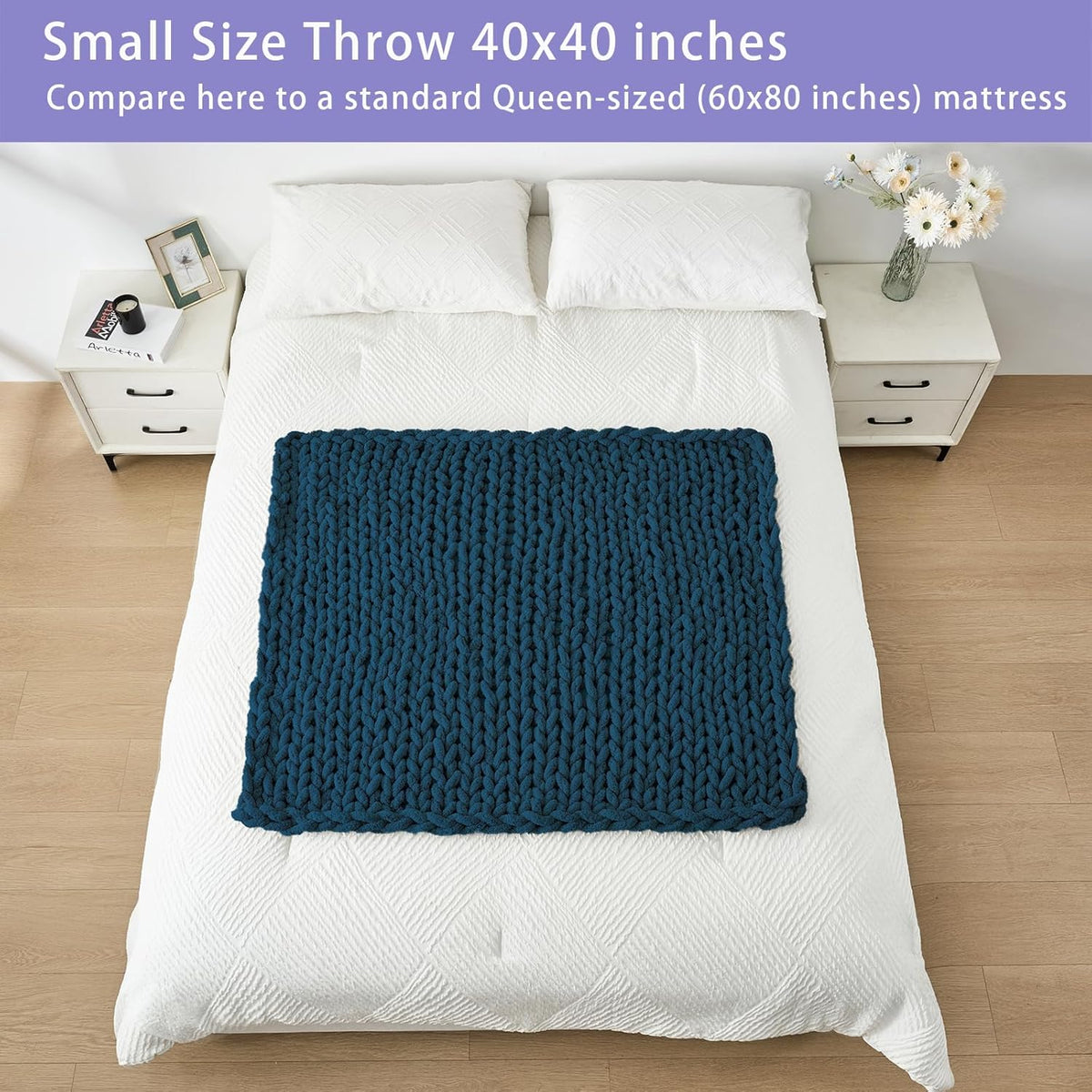 Bigacogo Chunky Knit Throw Blanket for Couch, 40x40 inches, 100% Hand Knitted with Thick Jumbo