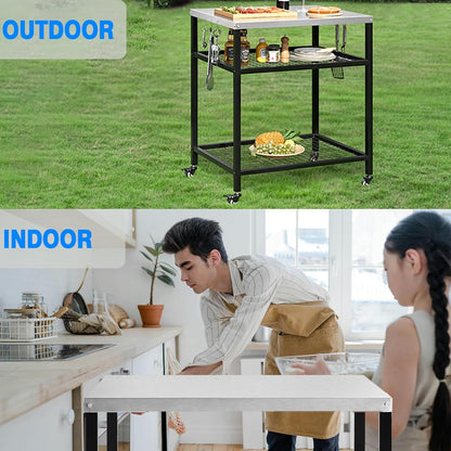 Stainless Steel Outdoor Grill Cart Pizza Oven Stand Trolley Table with Wheels Three-Shelf Movable