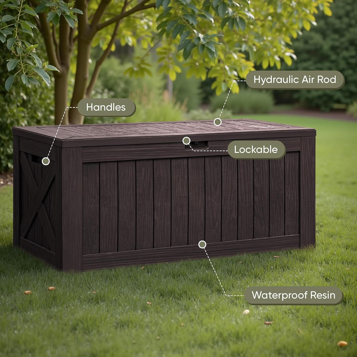 Flamaker Resin Deck Box 120 Gallon Waterproof Large Outdoor Indoor Storage Box Imitation Wood Resin