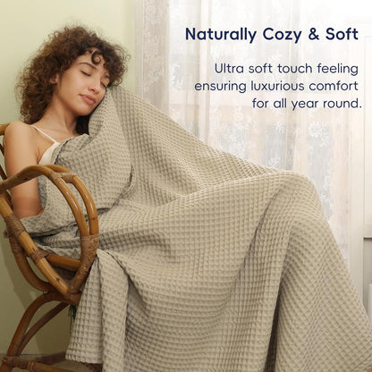 PHF Ultra Soft Waffle Weave Blanket Queen Size 90"x 90"- Washed Lightweight Breathable Cozy Woven