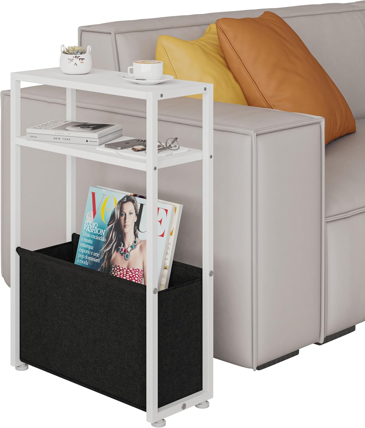 Narrow Side Table, Slim End Tables with Fabric Basket, Skinny Table for Small Spaces, Thin Bedside