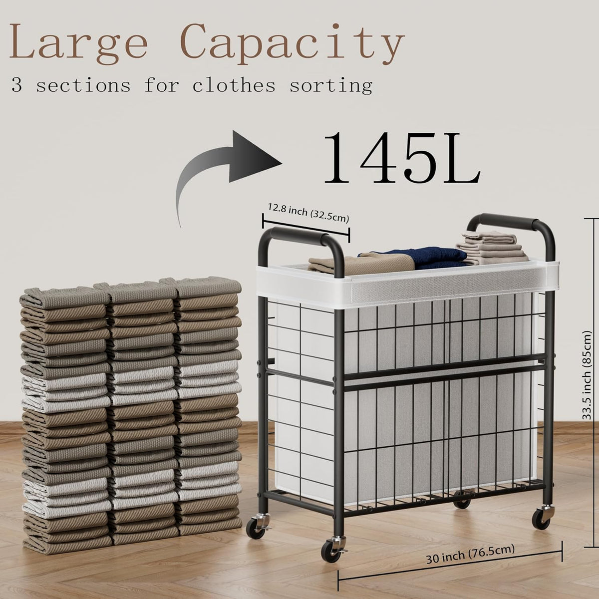 Laundry Hamper 3 Section, 145L Rolling Laundry Sorter Basket with Wheels, 3 Compartment Clothes