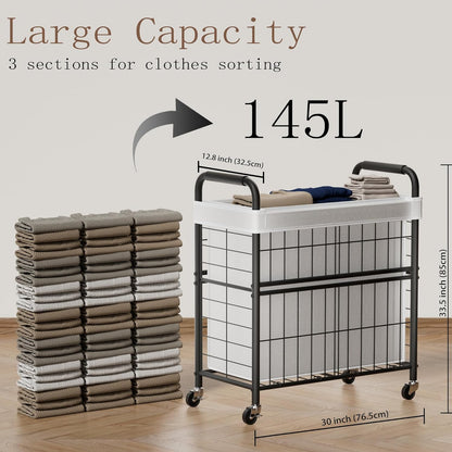 Laundry Hamper 3 Section, 145L Rolling Laundry Sorter Basket with Wheels, 3 Compartment Clothes