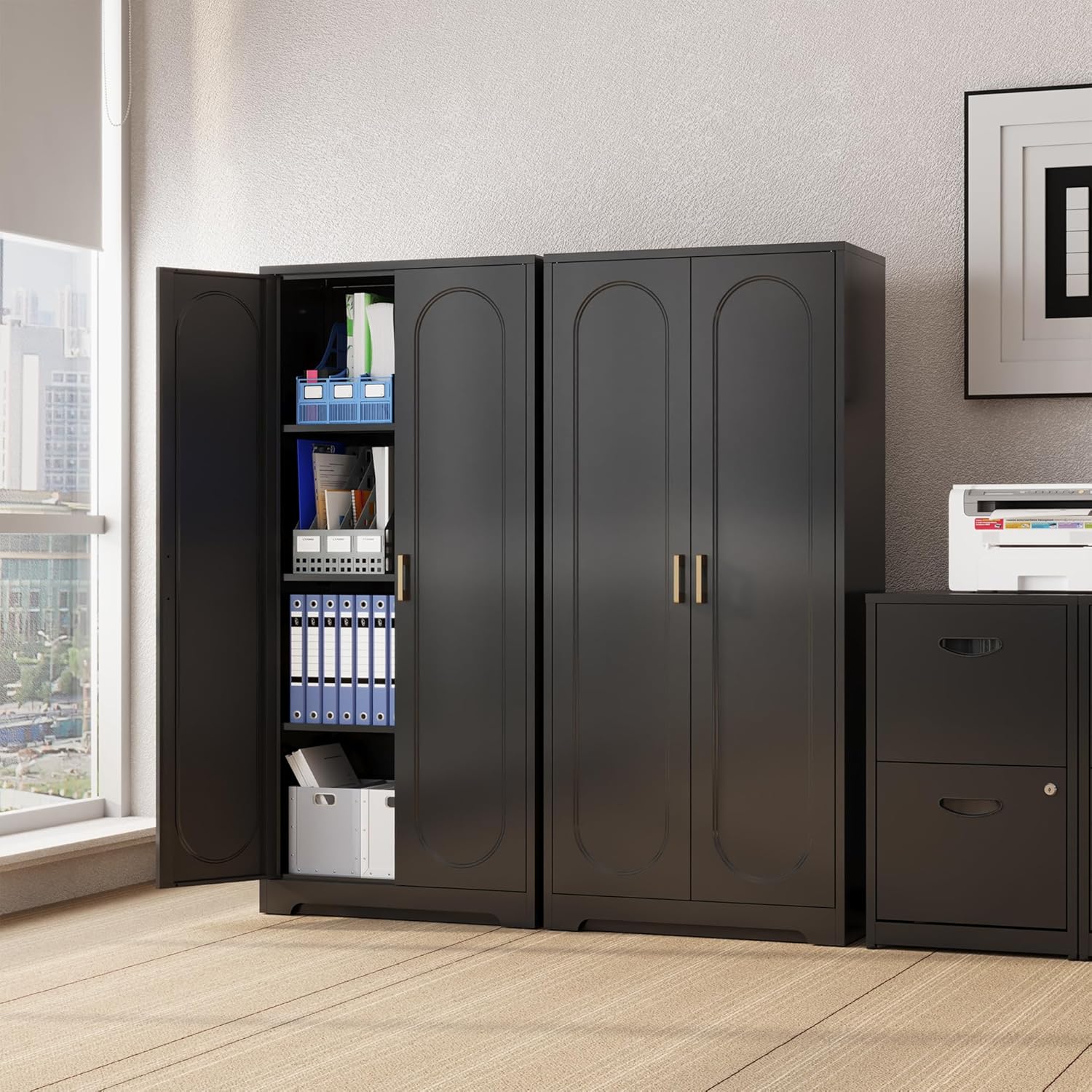 Metal Kitchen Storage Cabinets,60”Pantry Cabinet with Doors and 4 Adjustable Shelves,Tall Black