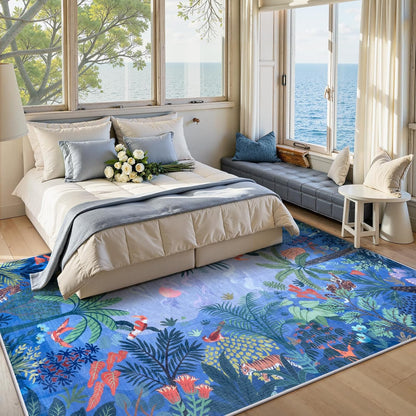 LIVEBOX Washable Jungle Animal Print Rugs 9x12 Blue Rugs for Living Room, Stain Resistant Soft Kids