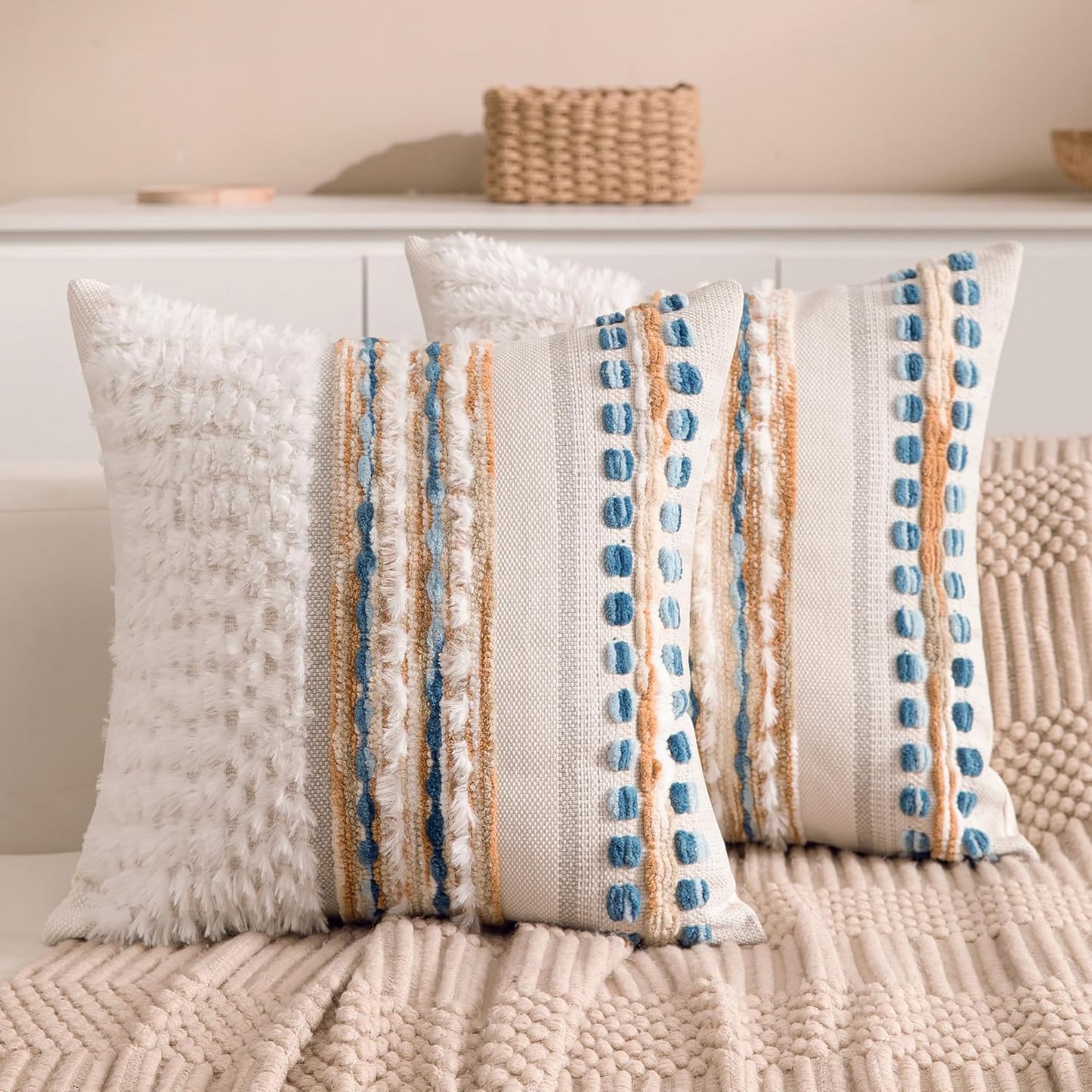 Boho Chenille Tufted Couch Throw Pillow Covers 18x18 Inch Set of 2 Farmhouse Striped Decorative