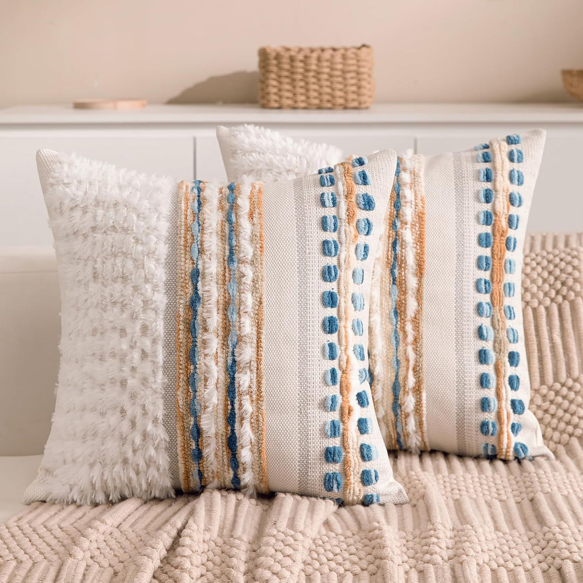 Boho Chenille Tufted Couch Throw Pillow Covers 18x18 Inch Set of 2 Farmhouse Striped Decorative