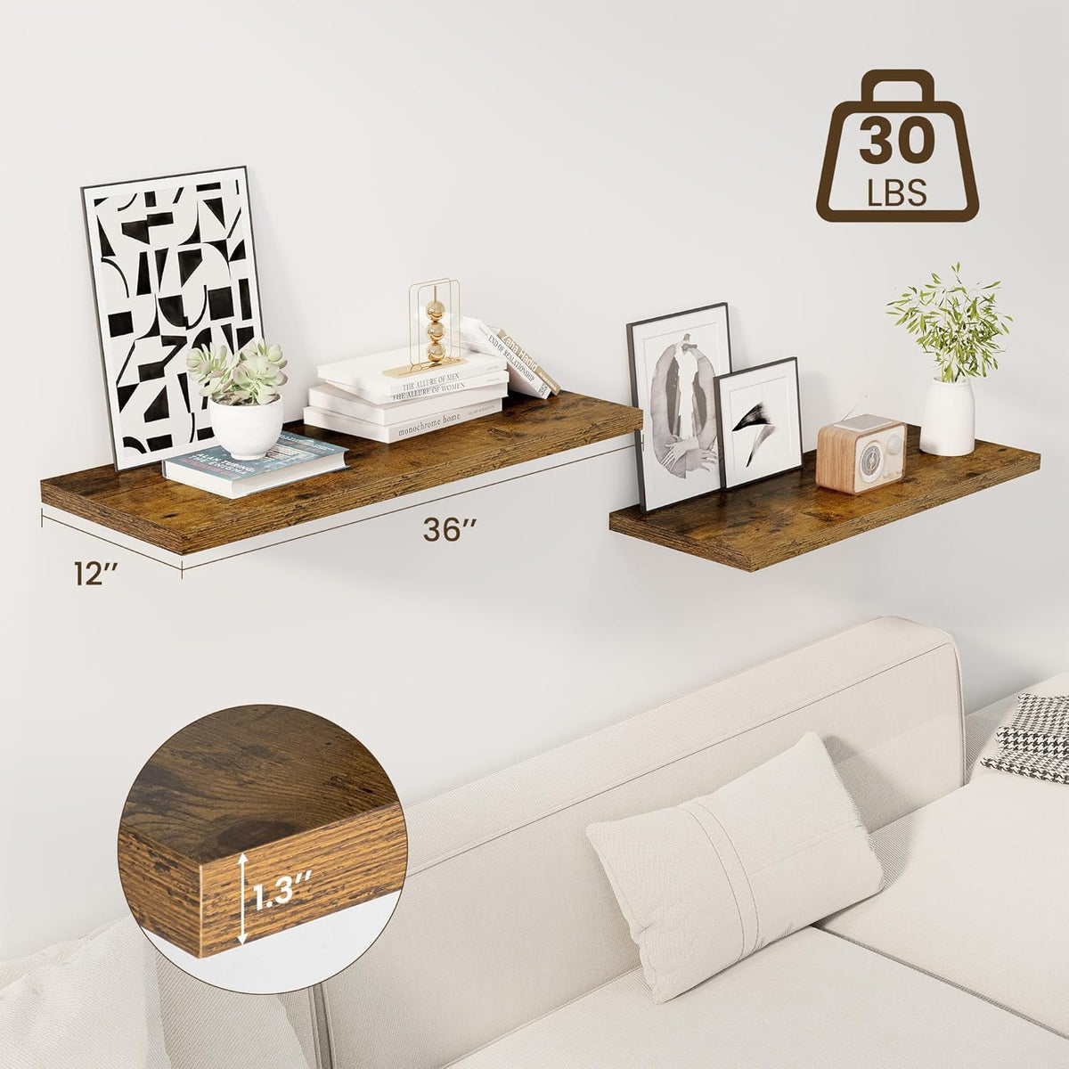 36" Floating Shelves for Wall, 12" Deep Slim Rustic Brown Floating Shelves, Wall-Mounted Shelves