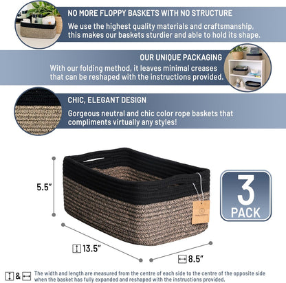 NaturalCozy 13.5”x8.5”x5.5” Rectangle Storage Baskets for Shelves 3 Pack | Cotton Rope Woven Small