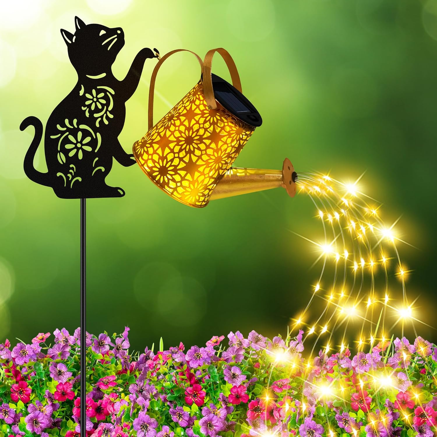 Solar Lights Outdoor Decorative, Watering Can with Cascading Lights, with Cat Silhouette Garden