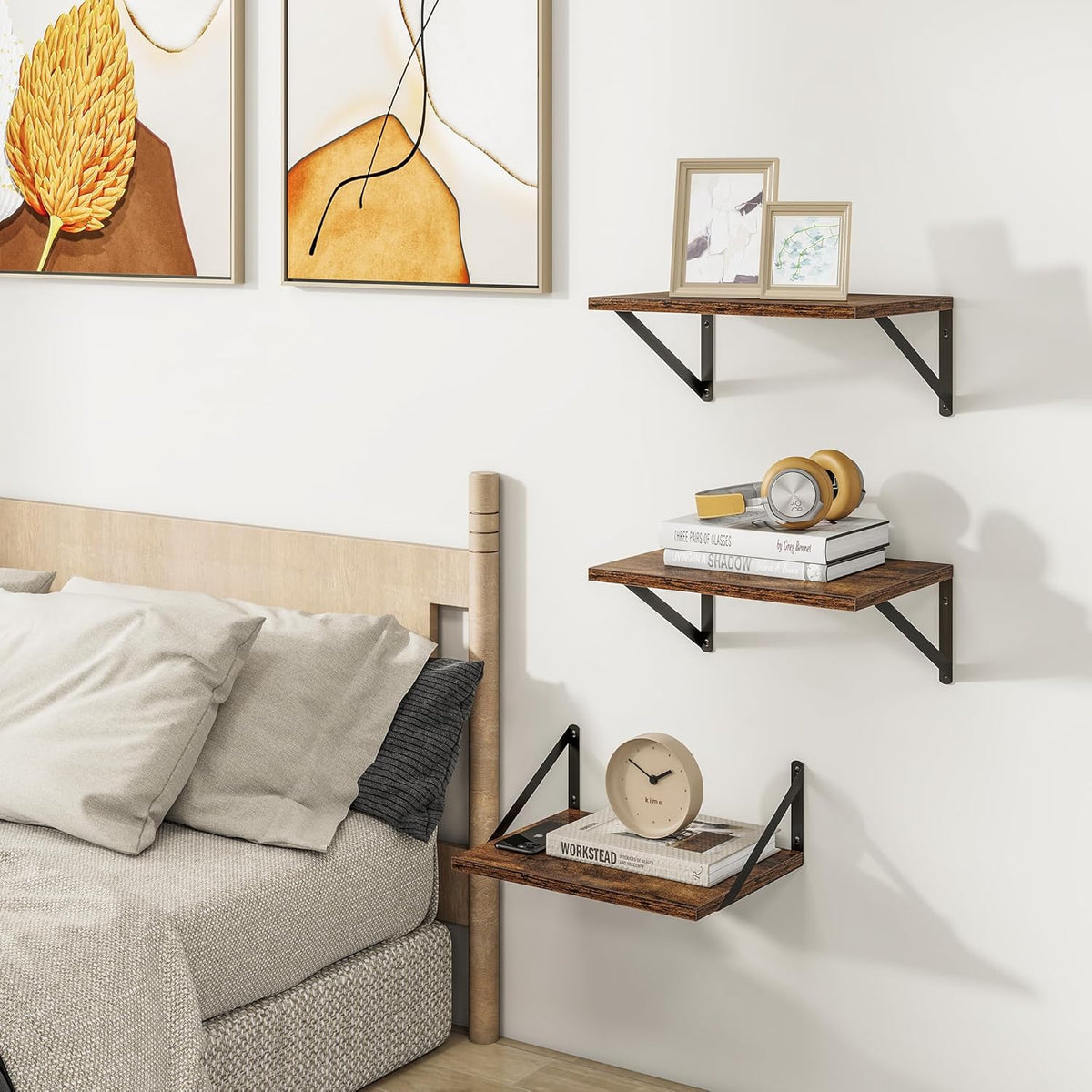 Heimlove Deep Floating Shelves for Wall, 12 Inch Deep Floating Shelves Set of 3, 16W x 12D Wood