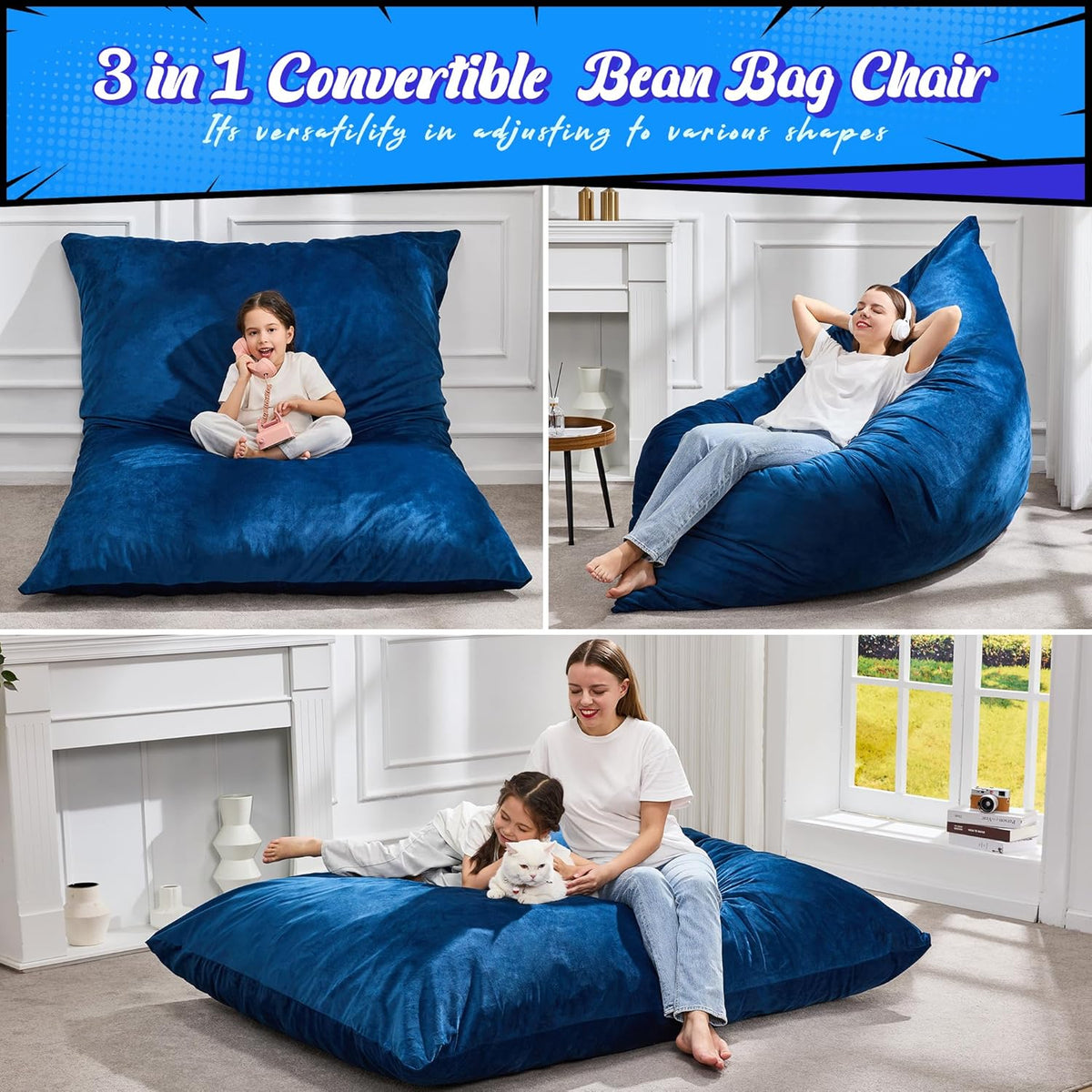 Hobestluk 3 in 1 Bean Bag Chair Giant Bean Bag Chairs for Adults with Velvet Cover Convertible Bean