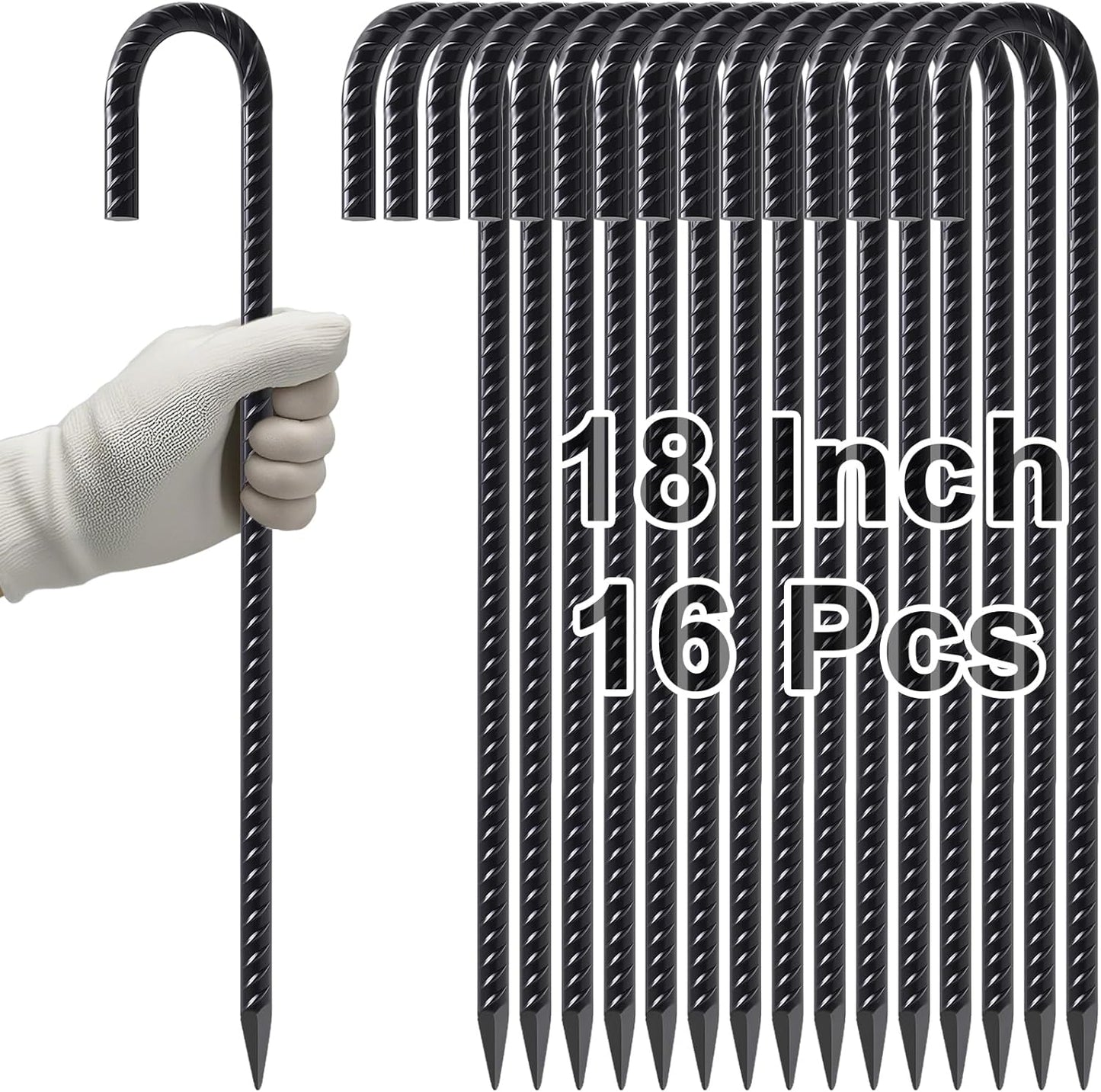 VVOKGO Rebar Stakes 18 Inch J Hook Heavy Duty Ground Anchors (16-Pack), 3/8" Diameter Metal Steel