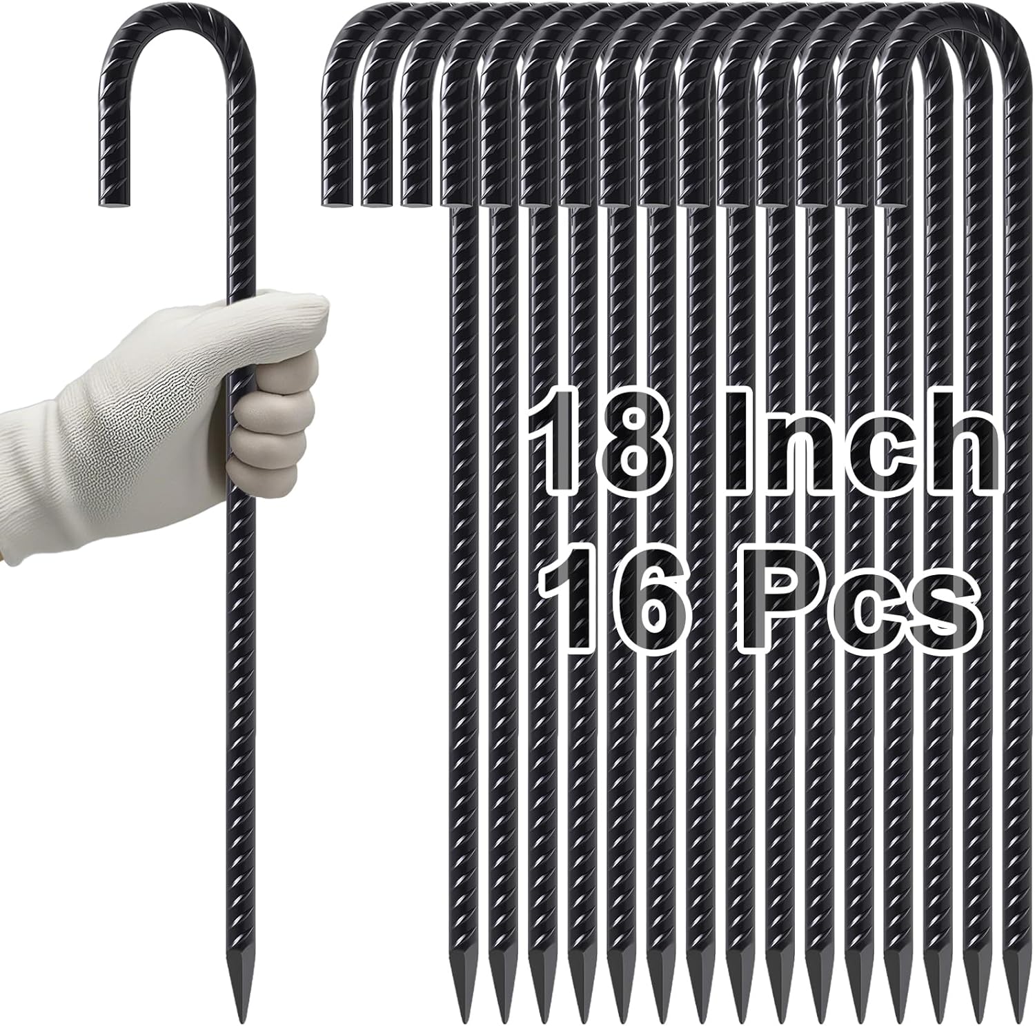VVOKGO Rebar Stakes 18 Inch J Hook Heavy Duty Ground Anchors (16-Pack), 3/8" Diameter Metal Steel