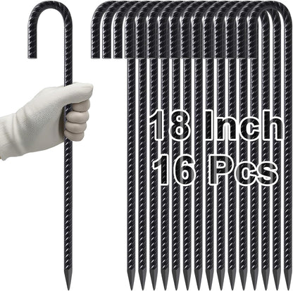 VVOKGO Rebar Stakes 18 Inch J Hook Heavy Duty Ground Anchors (16-Pack), 3/8" Diameter Metal Steel