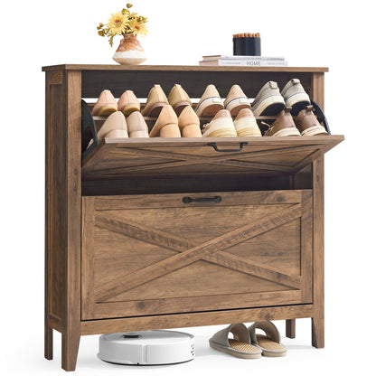 VASAGLE Farmhouse Shoe Cabinet, Narrow Storage Organizer, 2 Flip Drawers