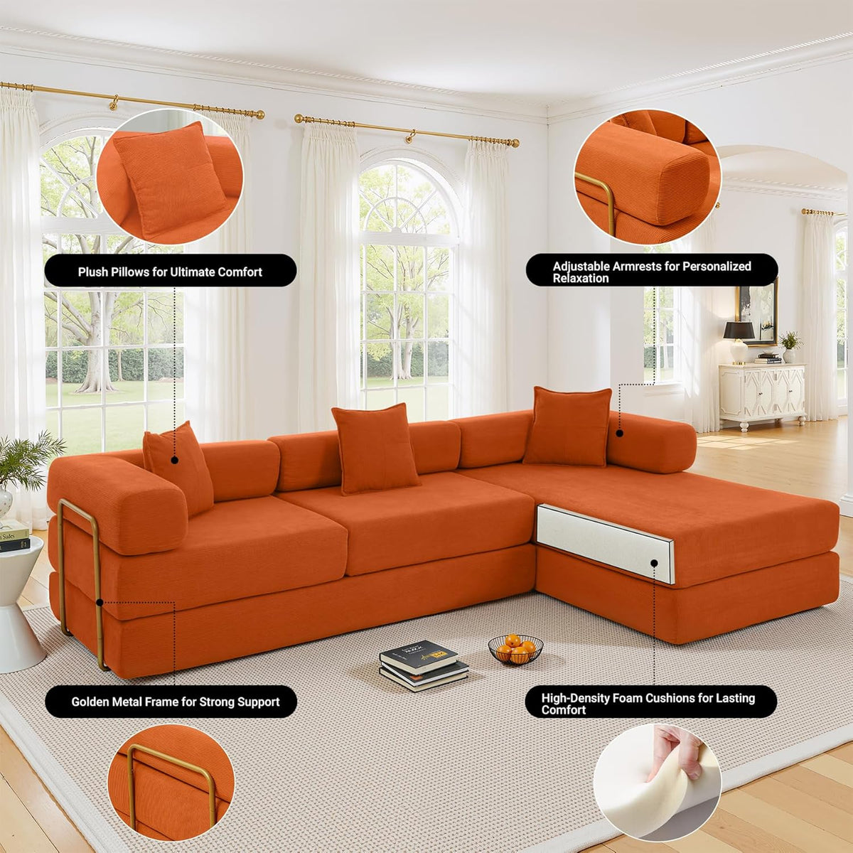 108" Oversized Convertible Sleeper Sofa Bed, Corduroy L Shape Sectional Couch, Folding Sofa Bed