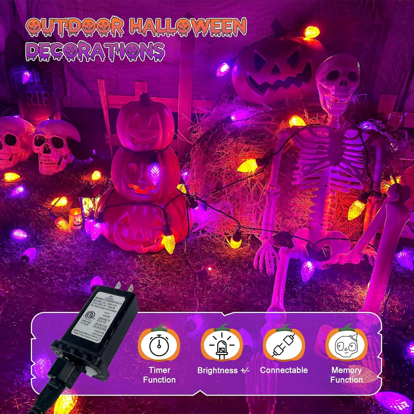 2PK 100 LED Purple and Orange C9 Halloween Lights Indoor Outdoor, Extendable 98FT C9 String Lights