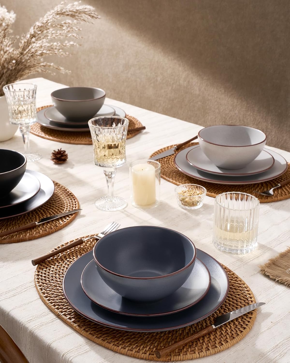 Famiware Venus Plates and Bowls Sets, 12 Pieces Stoneware Speckled Dinnerware Sets, Dishes Set for
