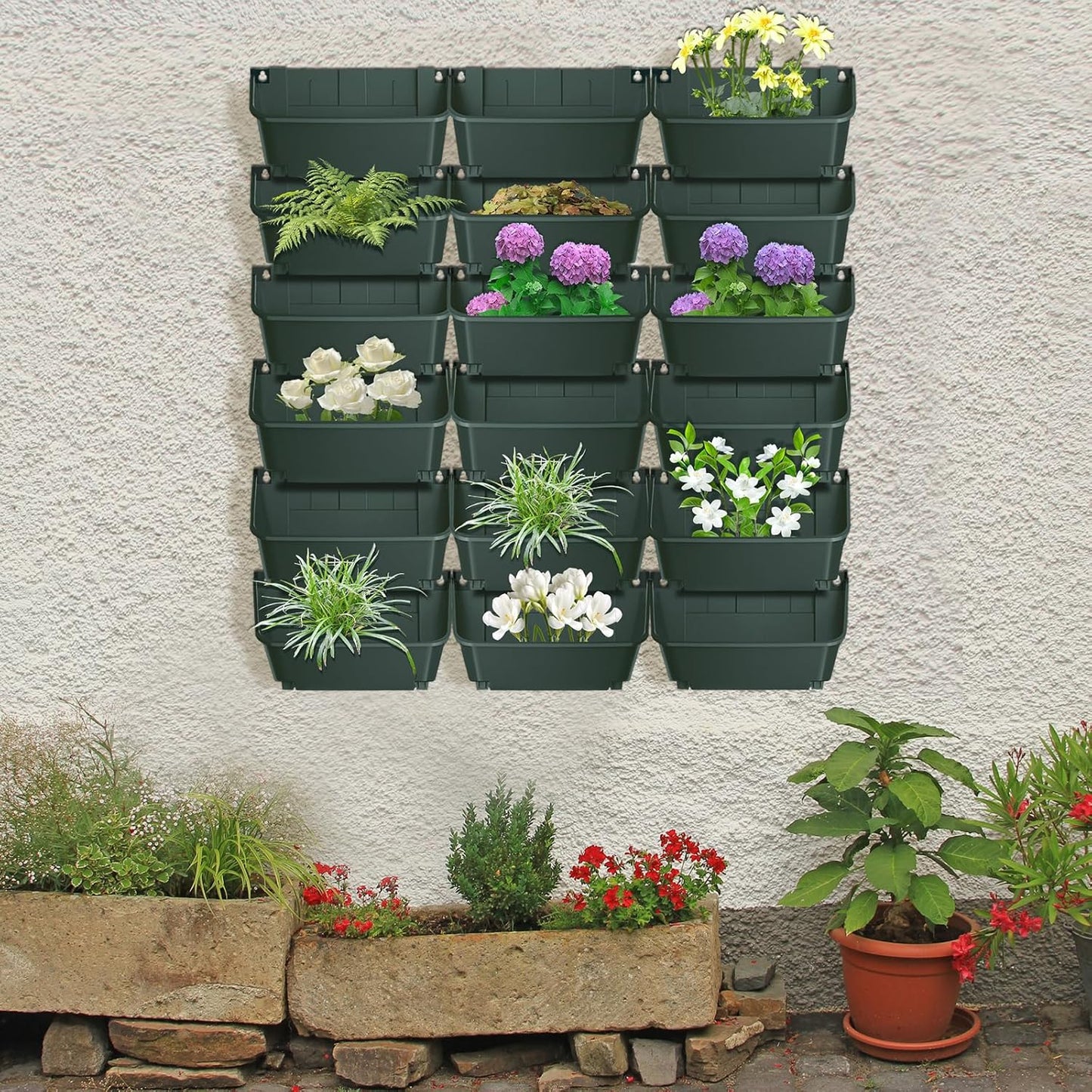 18Pcs Vertical Wall Planter, 13 inch Wall Mounted Garden Planters, Plastic Wall Hanging Planter