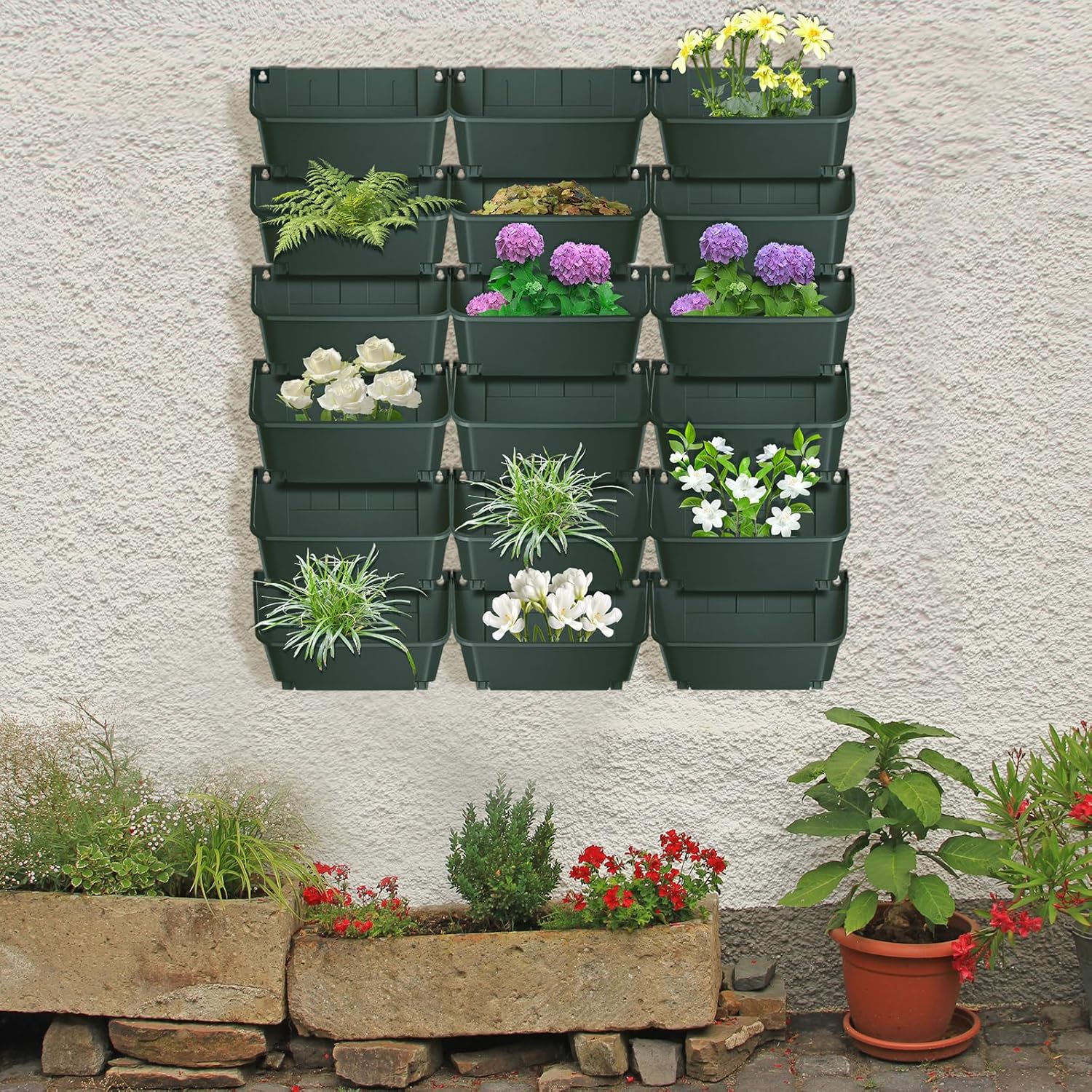 18Pcs Vertical Wall Planter, 13 inch Wall Mounted Garden Planters, Plastic Wall Hanging Planter