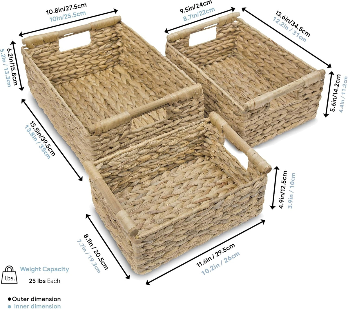 VATIMA Hyacinth Wicker Basket Set 3 size - Rectangular, Wooden Handles, Shelf Organizer, Natural
