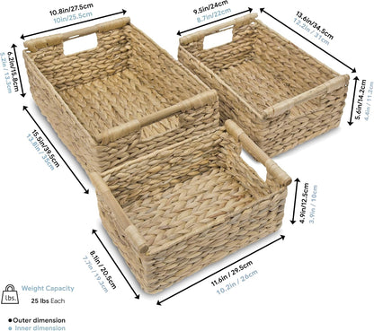 VATIMA Hyacinth Wicker Basket Set 3 size - Rectangular, Wooden Handles, Shelf Organizer, Natural