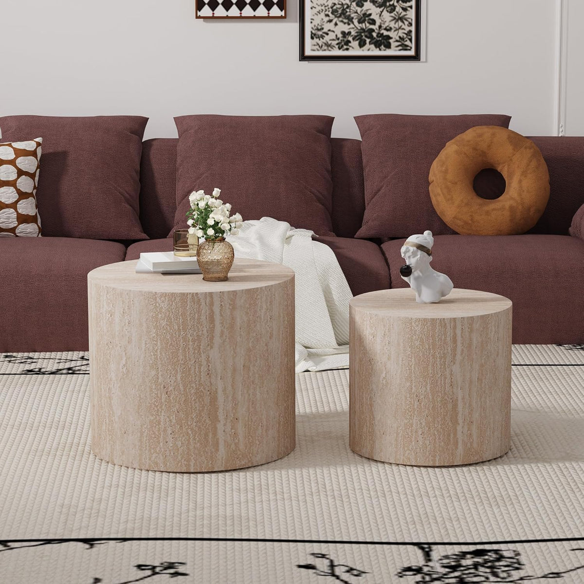 Round Nesting Coffee Table Set of 2 Modern Wood Coffee Tables Handcraft Drum Coffees Table