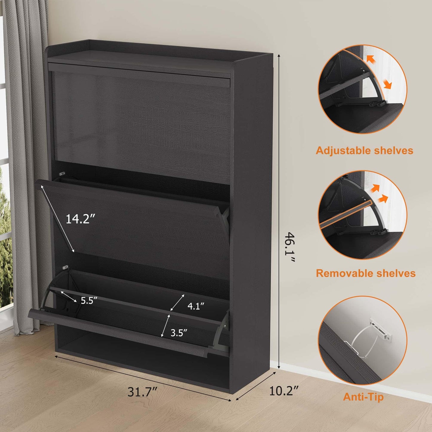 GarveeHome Shoe Cabinet with 3 Flip Drawers, Wooden Shoe Organizer Cabinet with Adjustable Shelf