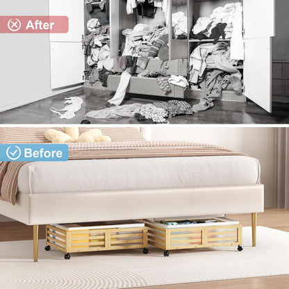 Under Bed Storage Containers With Wheels - 2 Pcs Bamboo Wood Rolling Underbed Shoe Storage Bins
