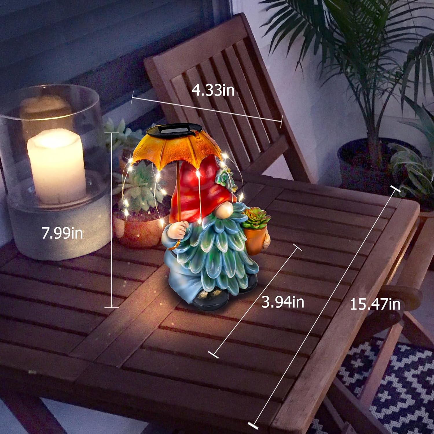 Solar Outdoor Statues Gnome Garden Decor, Garden Gnome with Solar LED Umbrella Decorative for