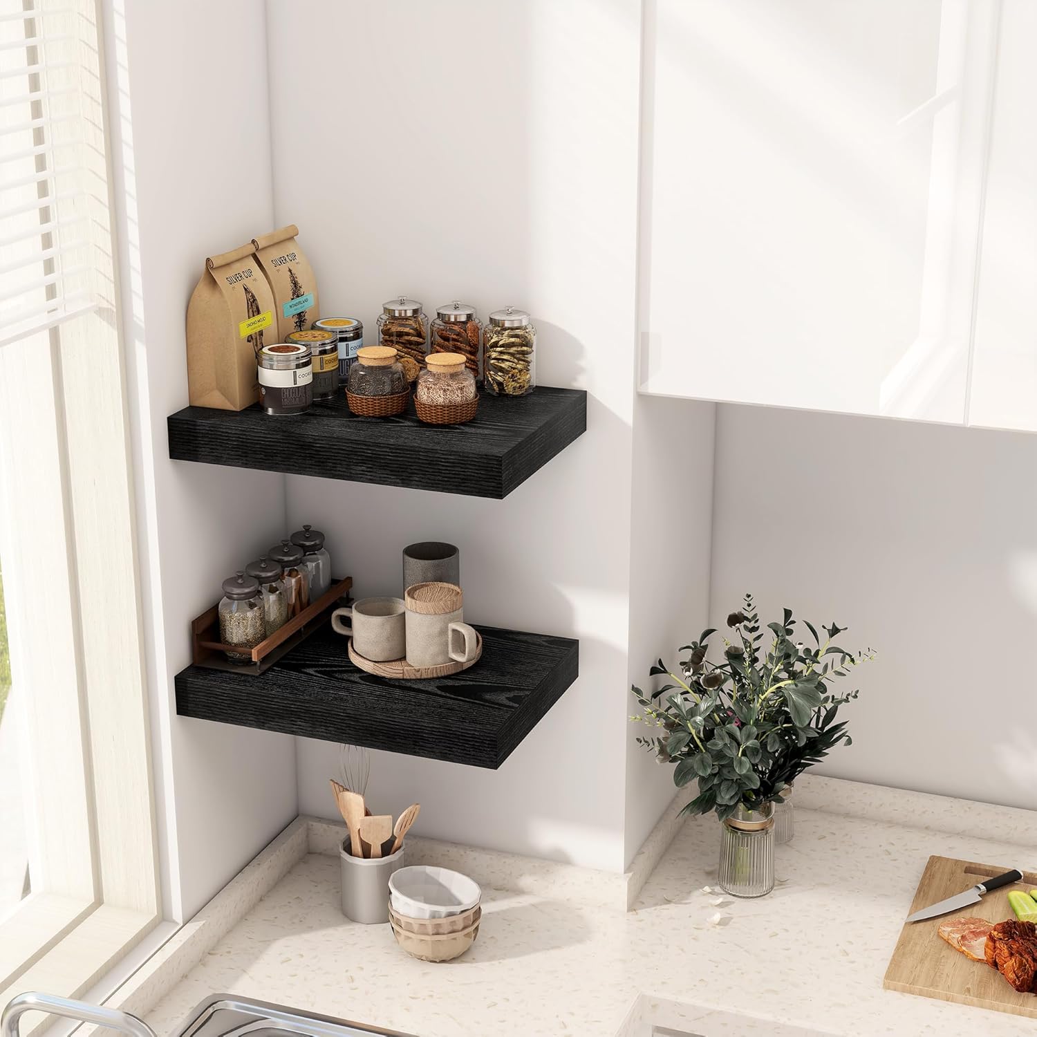 12 Inch Deep Black Floating Shelves, 16 x 12 Floating Shelf for Books, Rustic Wood Deep Wall