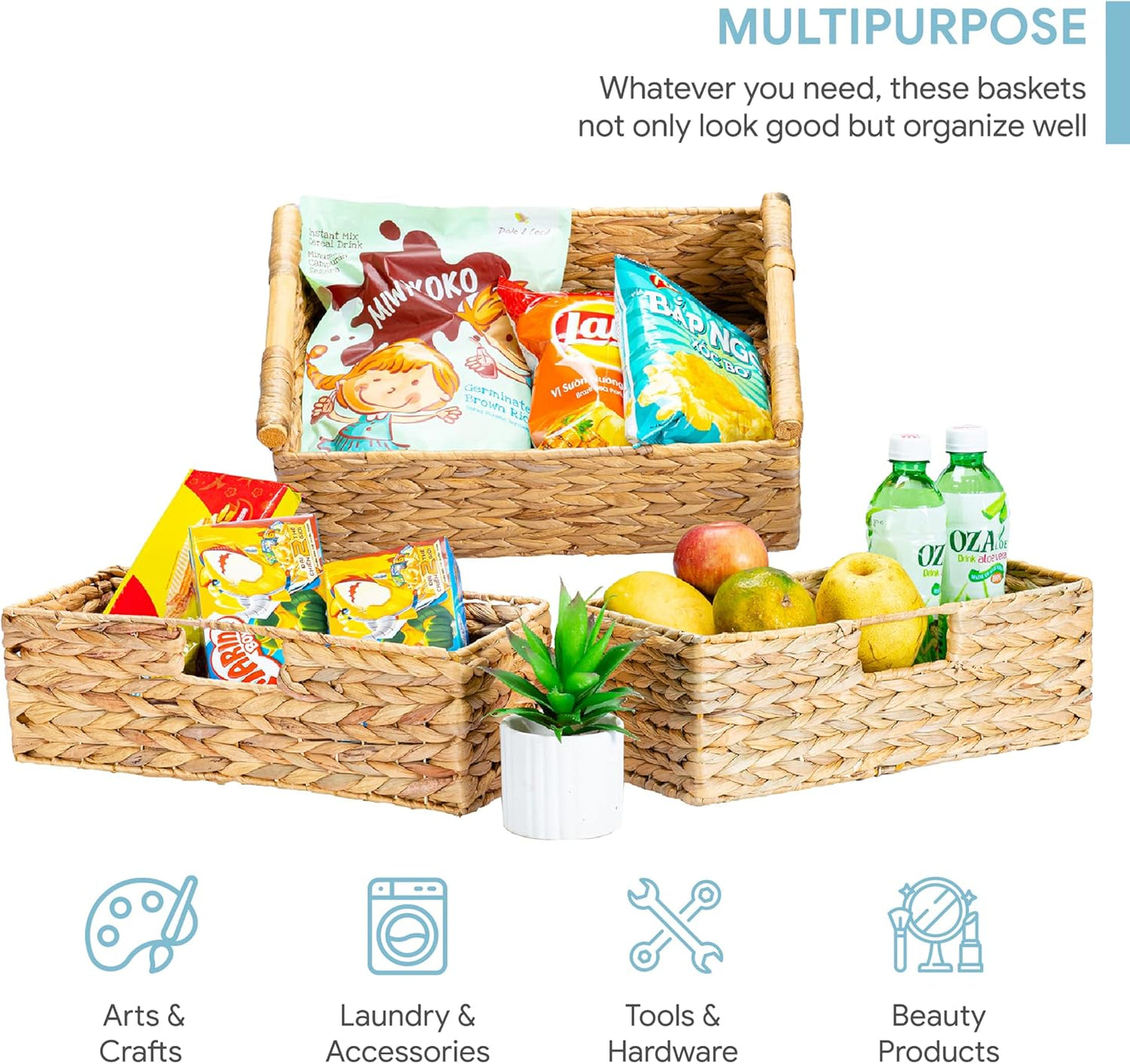 VATIMA Large Water Hyacinth Storage Baskets for Organizing with Wooden Handles for Shelves, 2