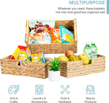 VATIMA Large Water Hyacinth Storage Baskets for Organizing with Wooden Handles for Shelves, 2