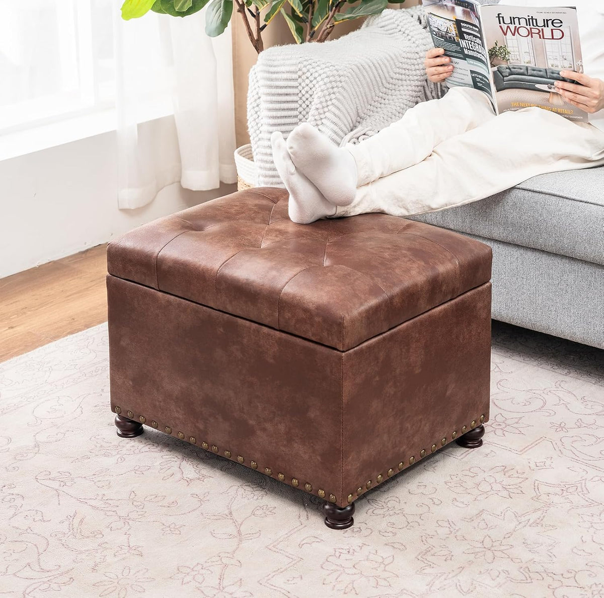 Joveco Leather Storage Ottoman, 24" Rectangle Tufted Square Upholstered Bench, Foot Rest Stool with
