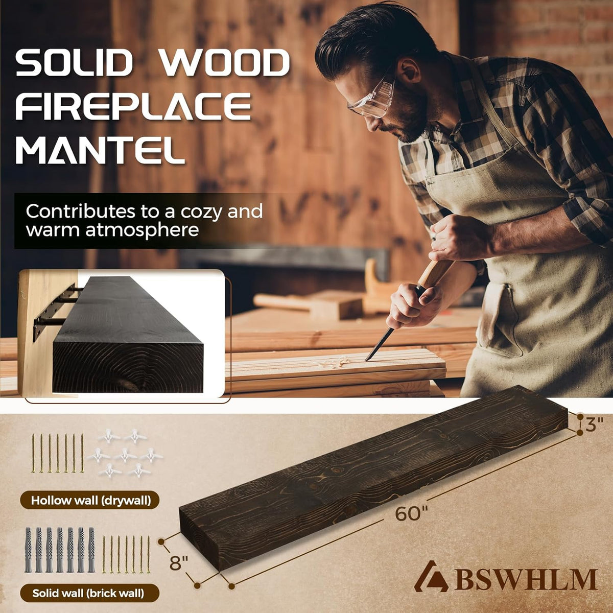60x8x3 Fireplace Mantel - Solid Rustic Wood - Wall Mounted Floating Shelf with Invisible Heavy Duty