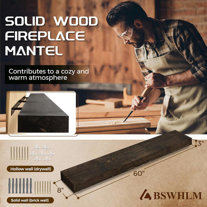 60x8x3 Fireplace Mantel - Solid Rustic Wood - Wall Mounted Floating Shelf with Invisible Heavy Duty