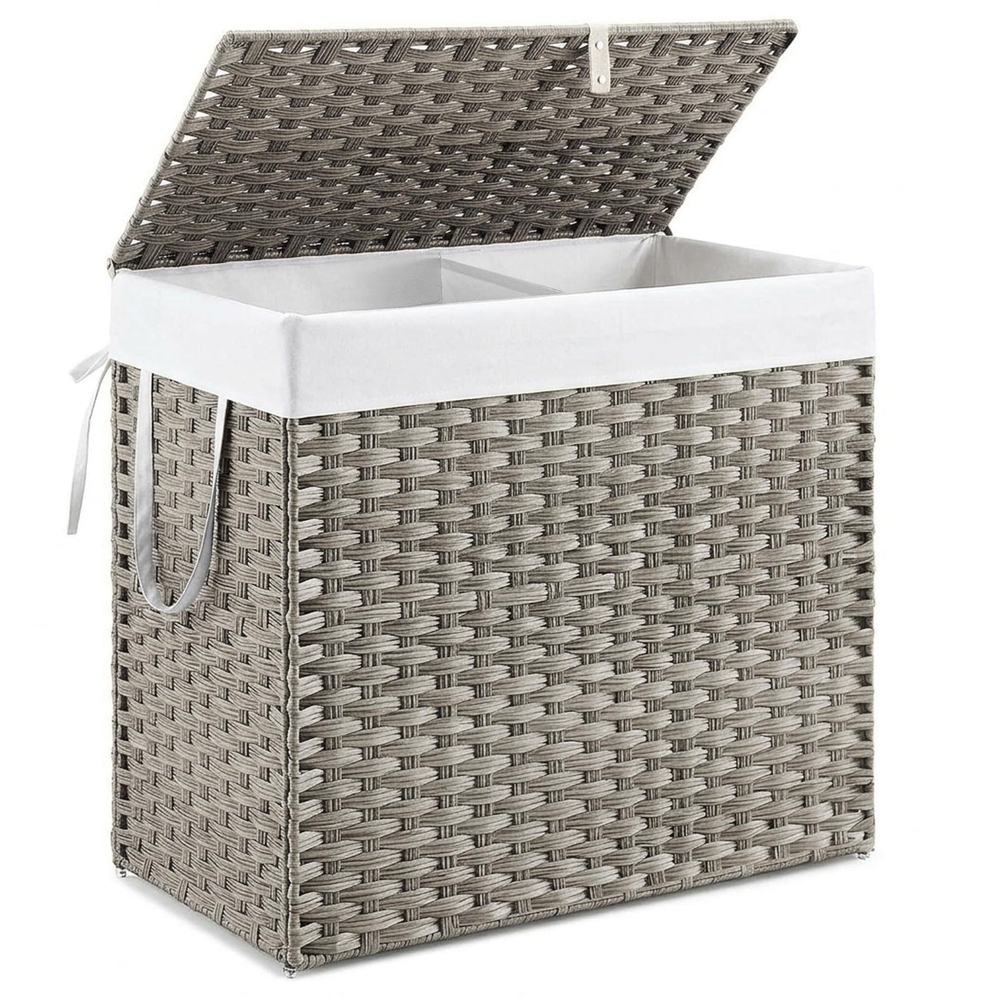 DUMOS Wicker Laundry Basket with Lid, 110L Woven Laundry Hamper with Handles, Foldable Rattan